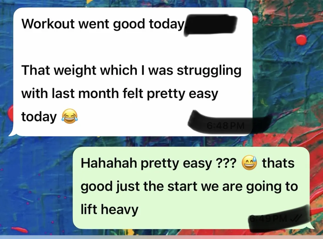 Client message about strength progress